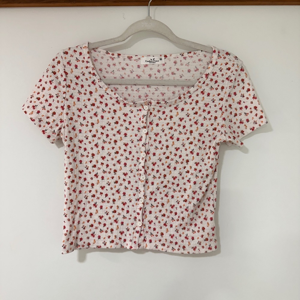 Rebellious Dreamer Floral‎ Ribbed Button Front Top Womens Medium White Red